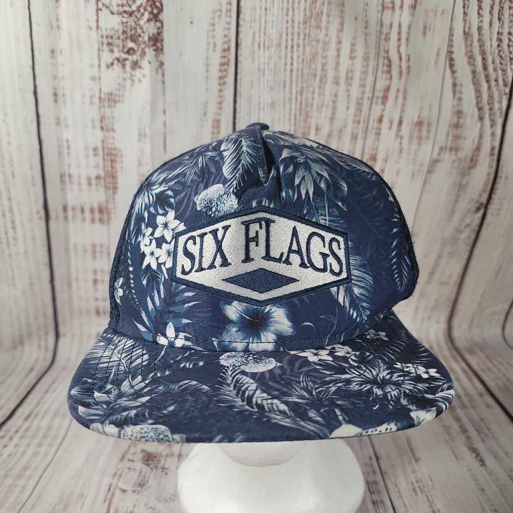 Six Flags Texas Cap Hat Snapback Trucker Flower Floral Pattern Blue‎ Polycotton